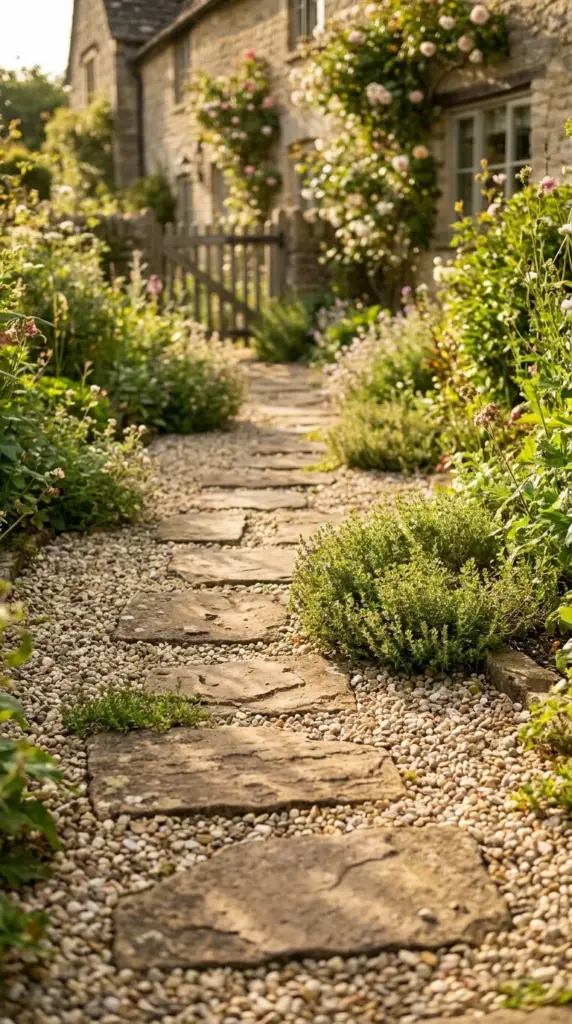 Affordable DIY pea gravel and flagstone walkway path lined with creeping thyme.