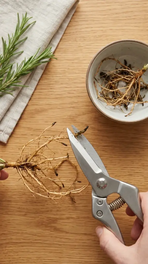 Trimming damaged roots from a rosemary plant using sterile garden shears to cure root rot.