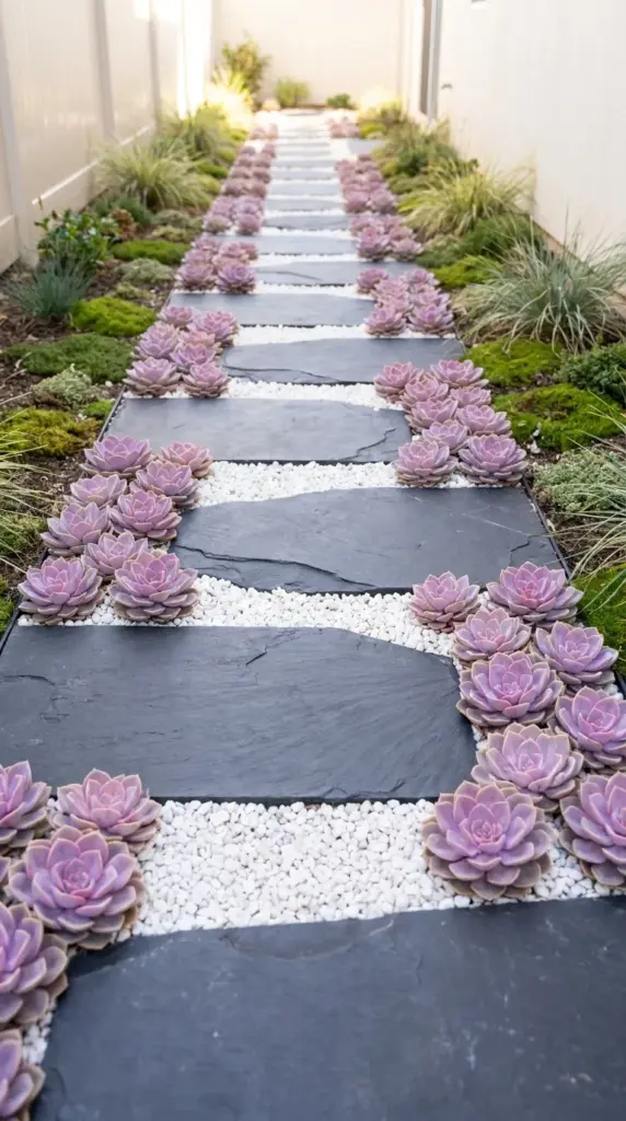 A peaceful Zen garden pathway layout using white pebbles and colorful echeveria succulent borders.