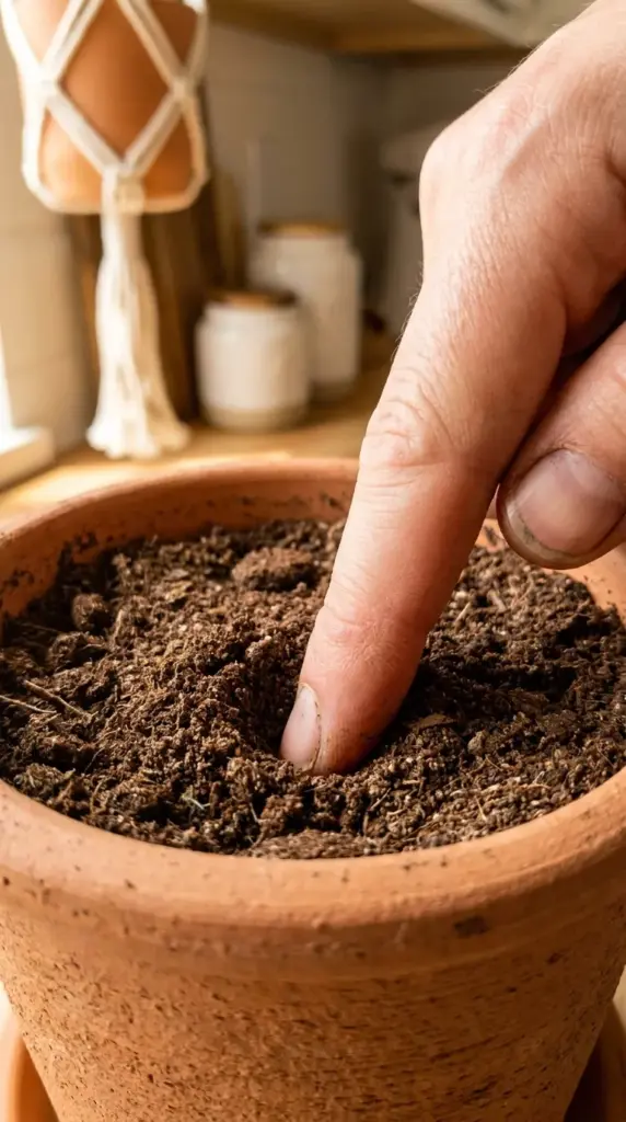 Using the finger test method to check the soil moisture level of an indoor rosemary plant.