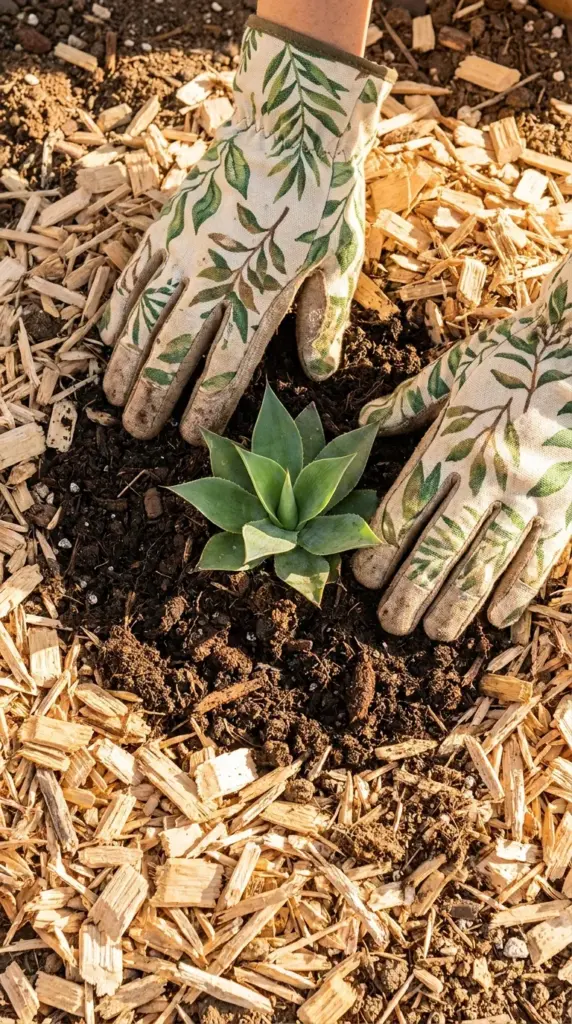 Hands planting a young succulent in rich organic soil amendment with a protective dark mulch layer.