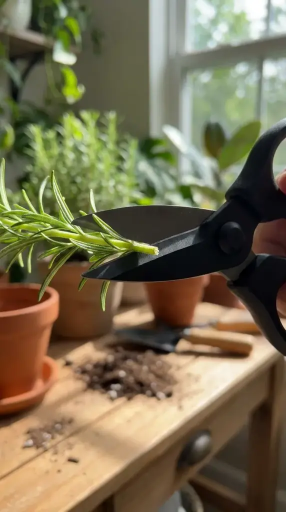 Macro shot of gardening shears pruning a green rosemary plant stem above a leaf node to force bushy growth.