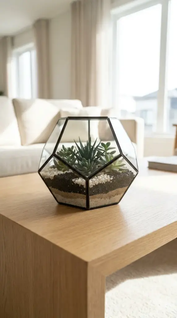 A geometric glass tabletop terrarium with neatly layered soil and Haworthia succulents resting on a modern living room coffee table.