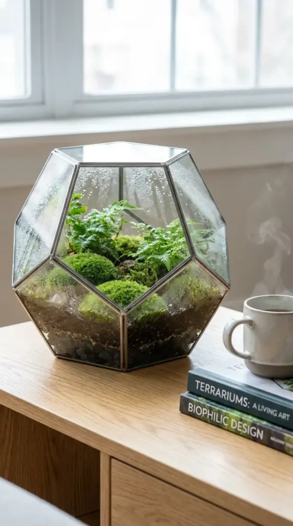 A beautiful self-sustaining glass geometric terrarium filled with ferns and moss sitting on an apartment coffee table.