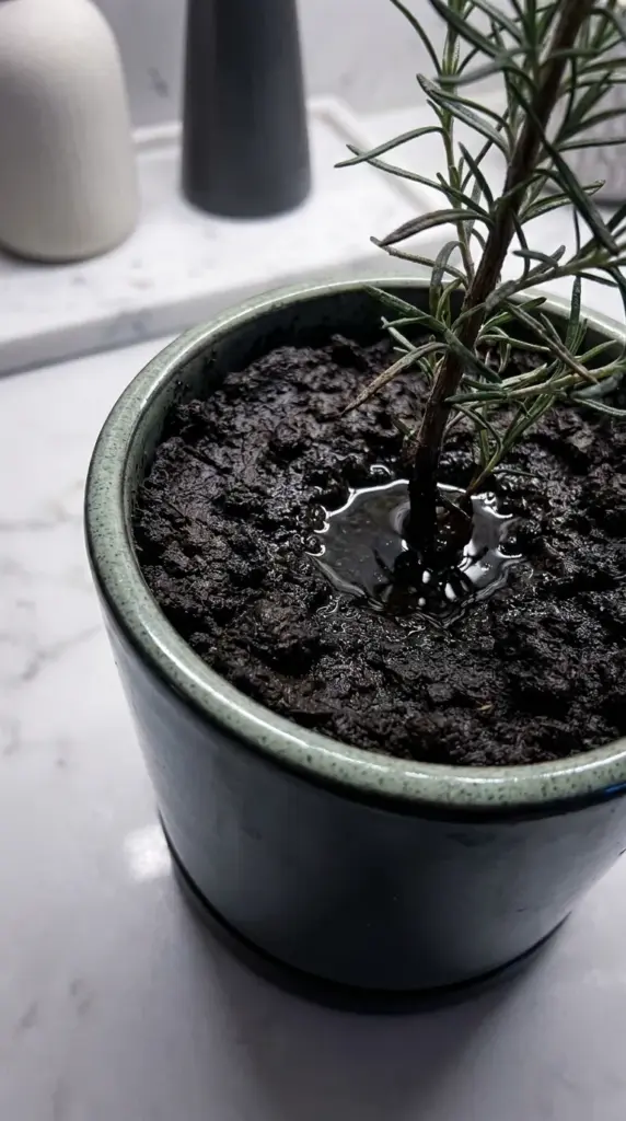 Close-up of water pooling in compacted potting soil inside a decorative planter without drainage holes.