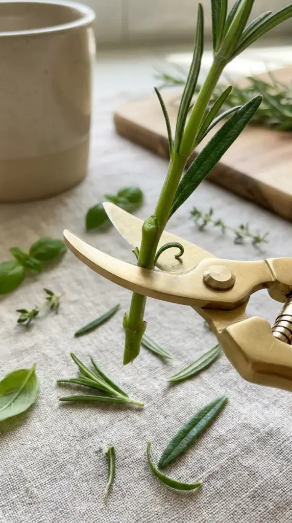 Trimming a green rosemary stem directly above a leaf node with gold pruning shears.