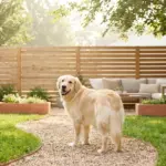 A golden retriever standing on a beautifully landscaped dog friendly pea gravel path along a wooden fence.