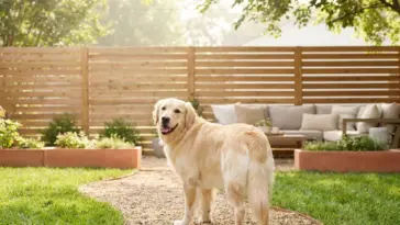 A golden retriever standing on a beautifully landscaped dog friendly pea gravel path along a wooden fence.