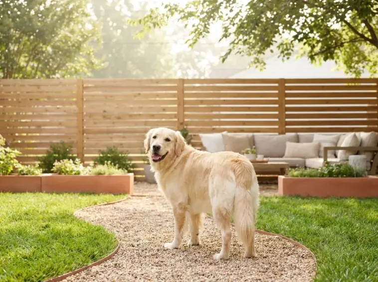 A golden retriever standing on a beautifully landscaped dog friendly pea gravel path along a wooden fence.