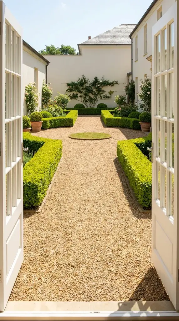 A classic European style pea gravel courtyard with formal boxwood borders used as an elegant grass alternative for a backyard layout.