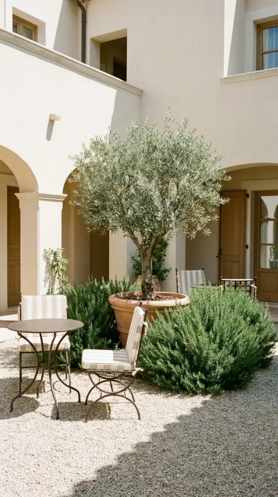 Mediterranean courtyard front yard layout with a dwarf olive tree and pea gravel landscaping.