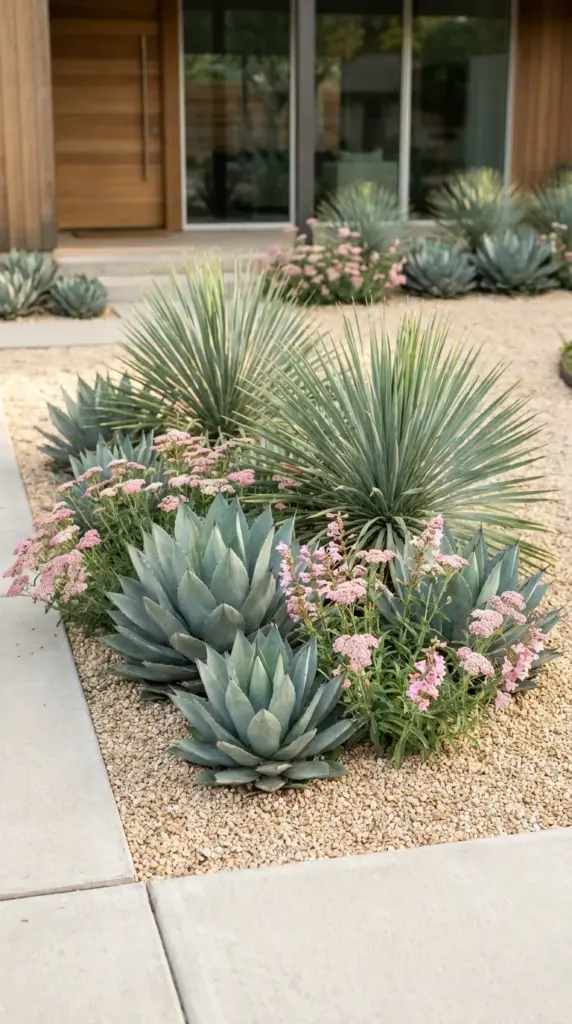 Lush hydrozoning plant cluster of agaves and low-water perennials in a modern succulent garden layout.