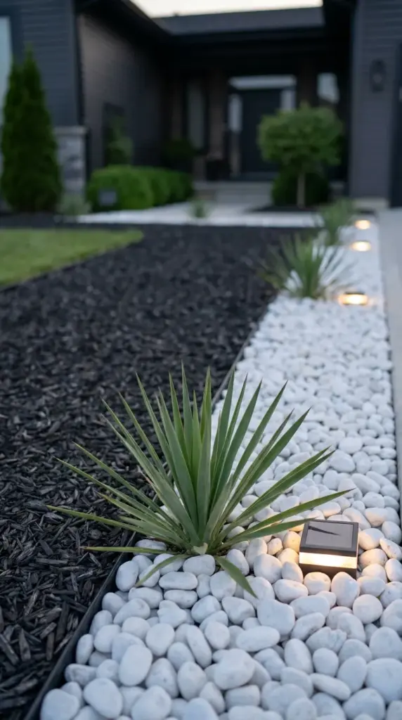 High-contrast dark wood mulch and light river rocks lining a modern garden path with solar landscape lighting.