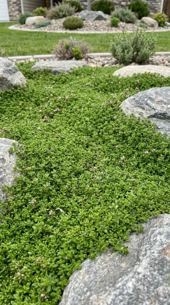 Lush green hardy ground cover spreading across a low maintenance front yard.