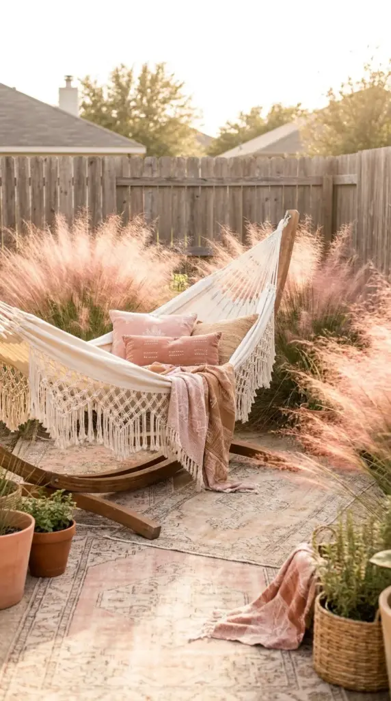 Boho backyard oasis with a freestanding fringe hammock, vintage outdoor rugs, and ornamental grasses.
