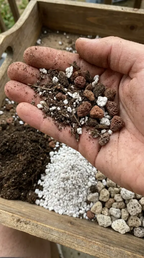 Testing a custom gritty soil mix made of potting mix, perlite, and pumice for well-draining succulent soil.