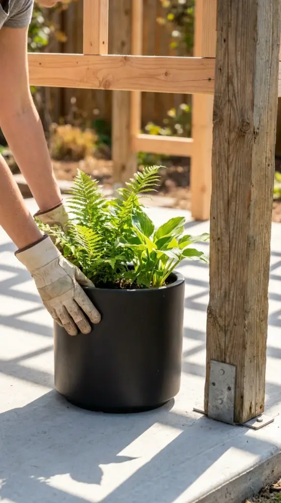 Close up of budget friendly DIY pergola plans showing a wooden post anchored to a concrete patio next to a potted plant.
