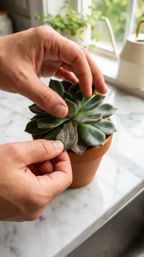 Close up of hands checking a succulent leaf for early warning signs of overwatering and root rot prevention.