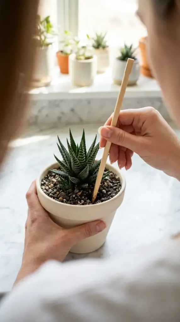 A plant parent using a wooden chopstick moisture-meter check to audit deep soil dampness and avoid overwatering symptoms in a succulent container garden.
