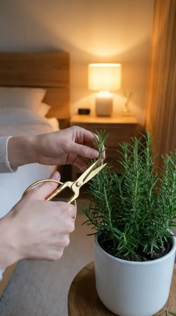 9 Hidden Home Uses for Your Rosemary Plant (What Happens to Your Air Quality When You Clip It Before Bed…) 3 Hands clipping a fresh rosemary sprig from a potted indoor plant for bedroom air purification.