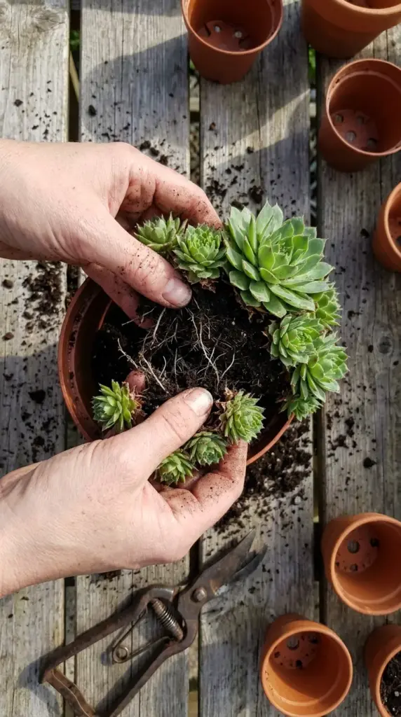 Hands separating multiple succulent stems from a single nursery pot for cheap gardening.