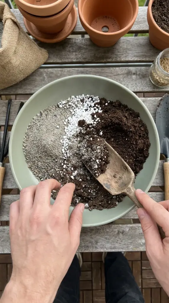 Creating a gritty, well-draining soil mix with sand and perlite for Mediterranean herbs.