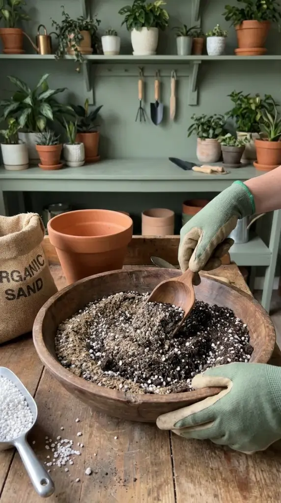 8 Essential Rosemary Plant Routine Rules for Beginners (The $3 Kitchen Trick That Revived My Dying Herb) 3 Mixing coarse sand, perlite, and potting soil to create the perfect drainage mix for potted rosemary.