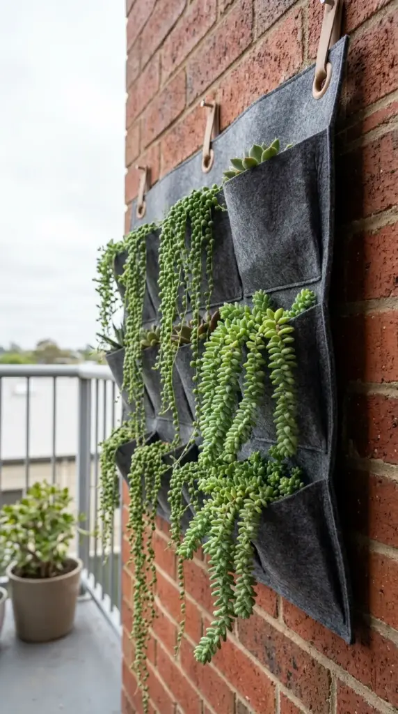 A breathable felt pocket hanging planter filled with trailing string of pearls succulents on an apartment balcony brick wall.