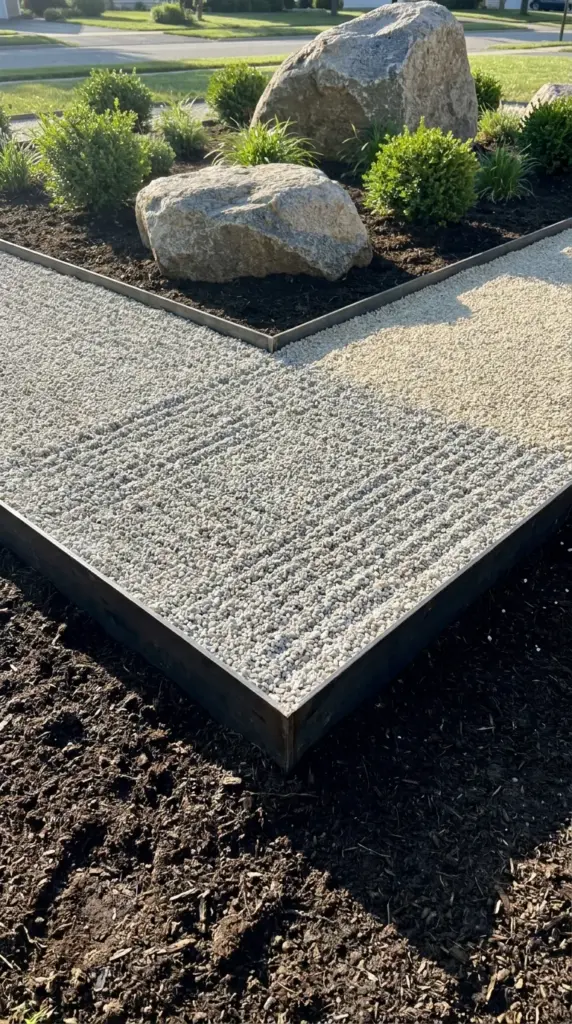 A geometric gravel walkway defined by clean steel edging and a large anchor boulder in a modern front yard.