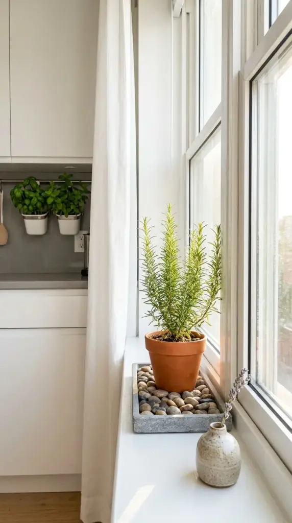 A windowsill herb garden with a rosemary plant sitting on a pebble drainage tray in a small kitchen.
