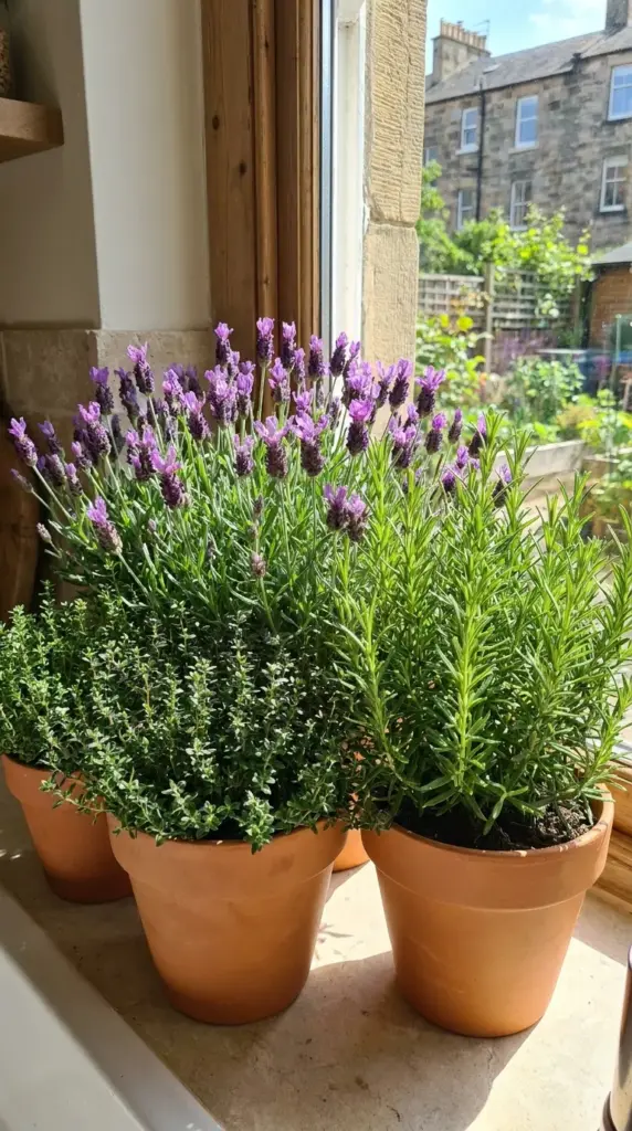 Grouping potted lavender and thyme next to rosemary for natural companion planting pest defense.