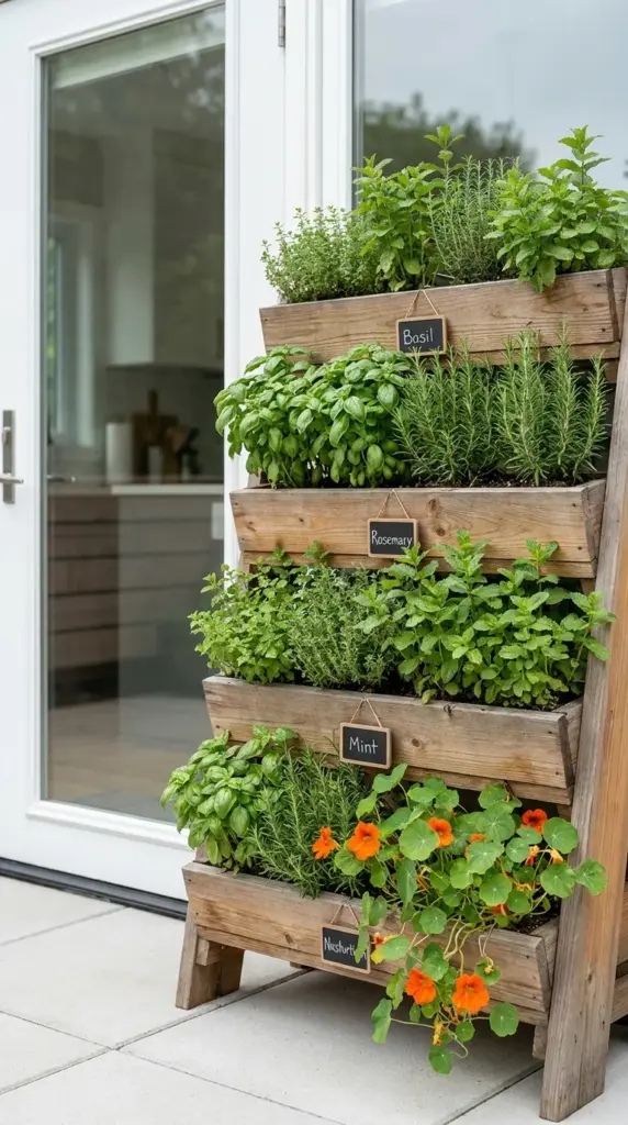 Tiered raised bed garden design packed with culinary herbs, mint, and edible flowers near a patio door.