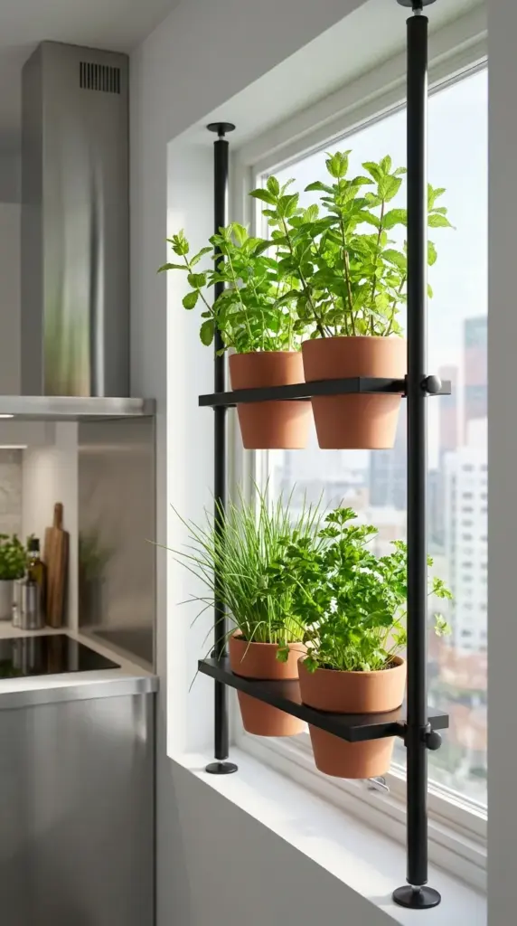 A tension rod shelving system used as a vertical window sill garden to grow fresh culinary herbs in a tiny apartment kitchen.