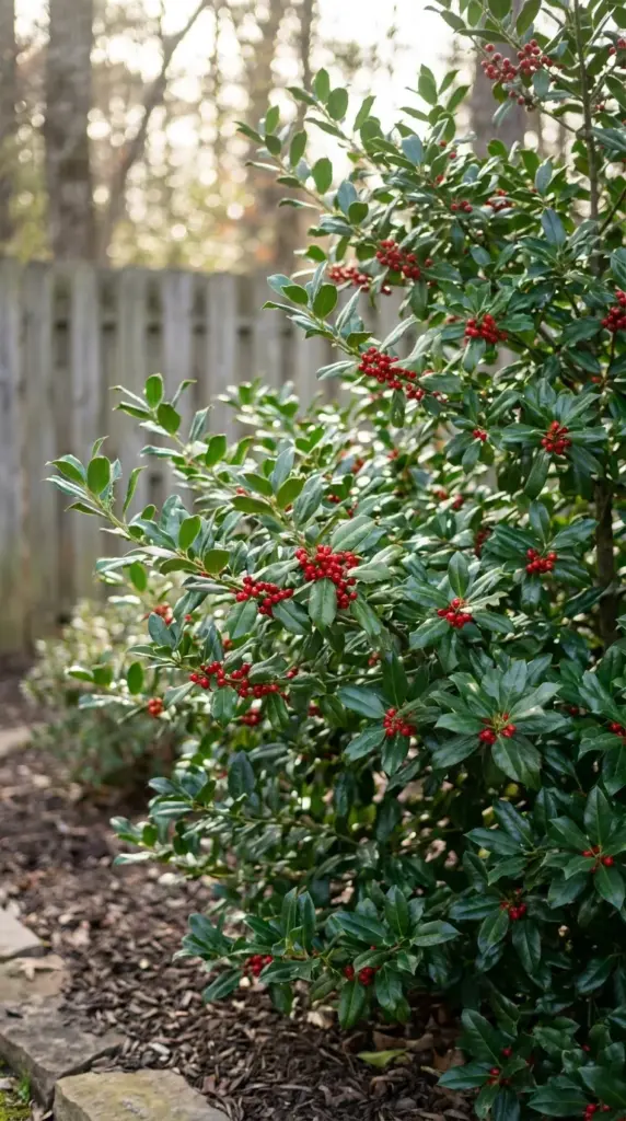 Nellie R Stevens holly bushes providing a dense, natural privacy fence in a beautiful backyard garden.