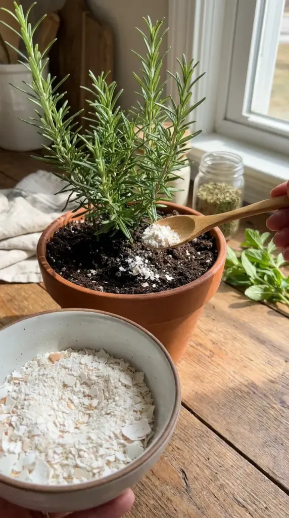 Sprinkling finely crushed eggshells onto rosemary soil as a natural calcium nutrient boost.