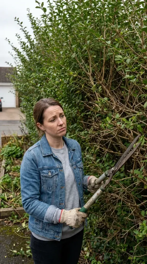 Homeowner holding pruning shears looking overwhelmed by fast growing privacy trees requiring endless maintenance.