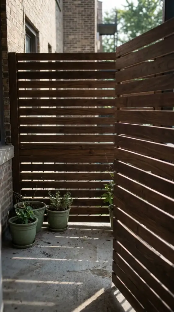 Modern horizontal slatted wood privacy screen for urban balcony gardens.