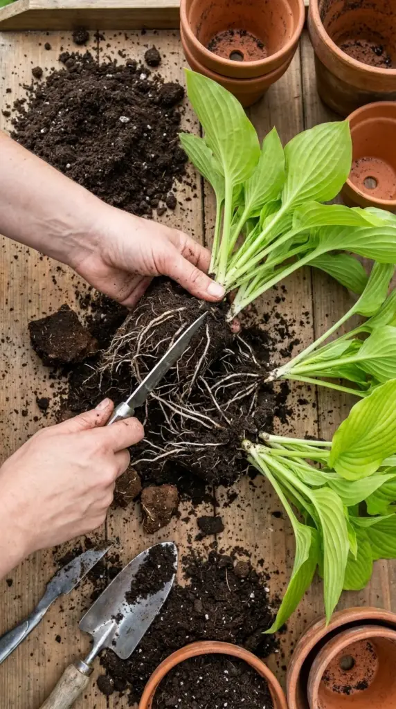 Step by step process of dividing a mature hosta perennial plant root ball for cheap backyard garden borders.