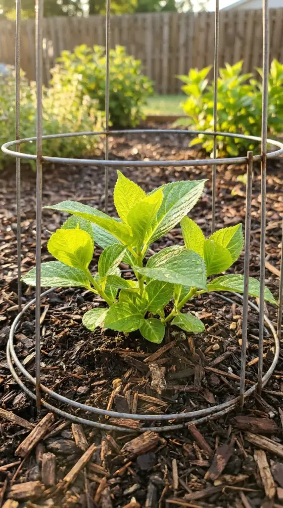 Young propagated hydrangea shrub seedling growing safely inside a DIY protective wire cage for zero dollar landscaping.