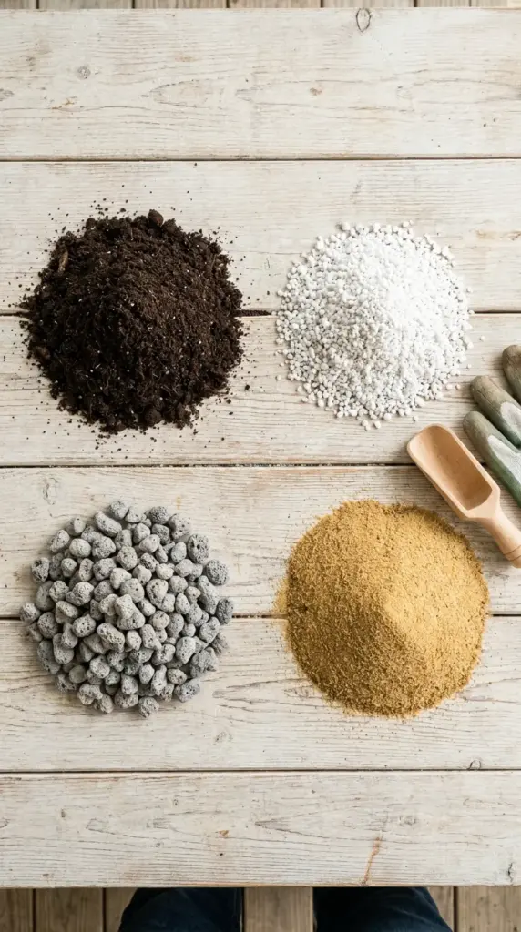 Individual piles of organic potting dirt, white perlite, porous pumice, and coarse sand laid out for a custom well-draining succulent soil mix recipe.