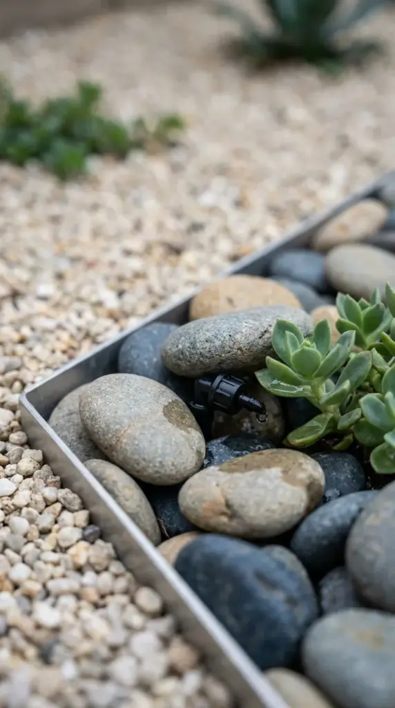 Close-up of automated drip irrigation lines installed within clean river rock landscaping for smart watering.