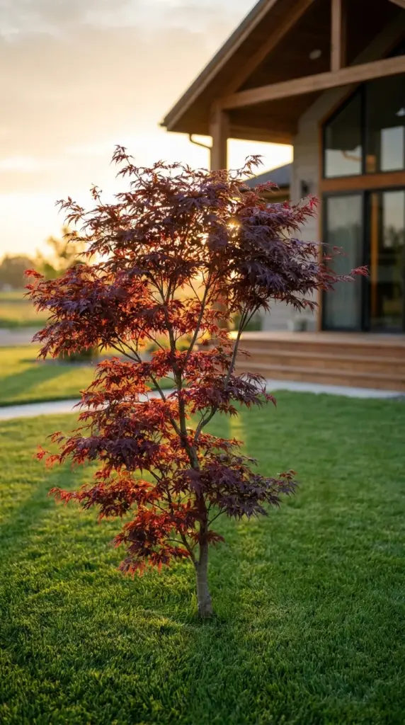 A stunning Japanese Maple accent tree planted as a focal point in a small front yard design.
