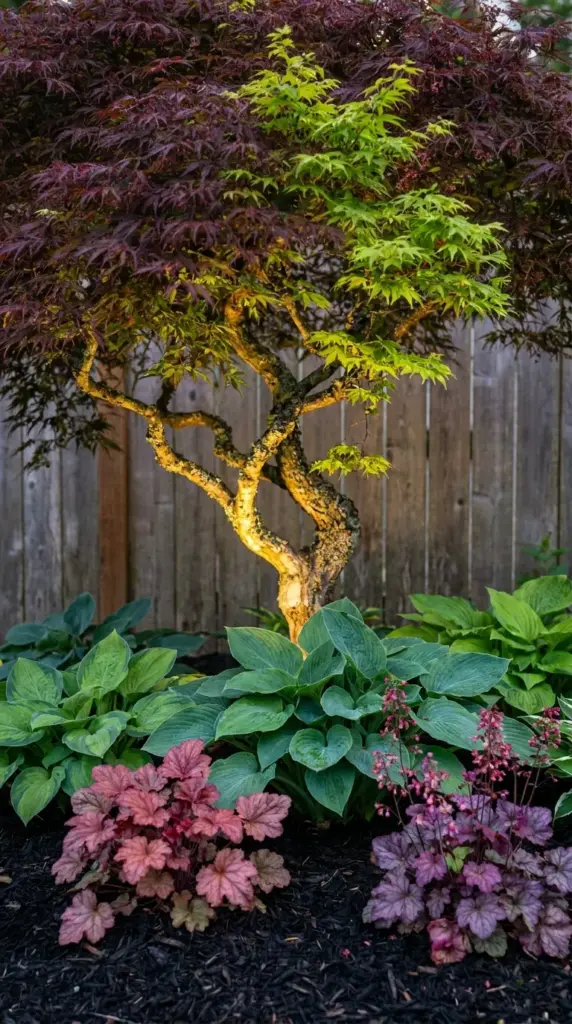 Multi-trunk ornamental tree with lush under-plantings used for layered fence line landscaping.