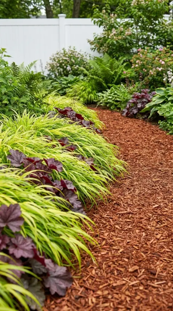 Pet safe non toxic border plants like ornamental grasses softening the edge of a cedar mulch dog path.
