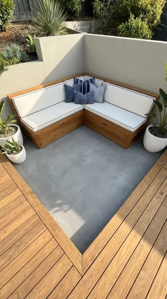 Space-saving built-in banquette corner seating for a small patio design.