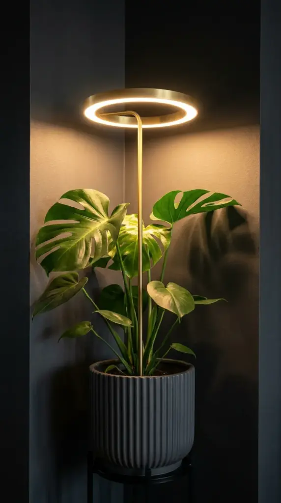 Stylish full-spectrum white LED grow lights for indoor plants illuminating a beautiful houseplant in a dark windowless apartment hallway.