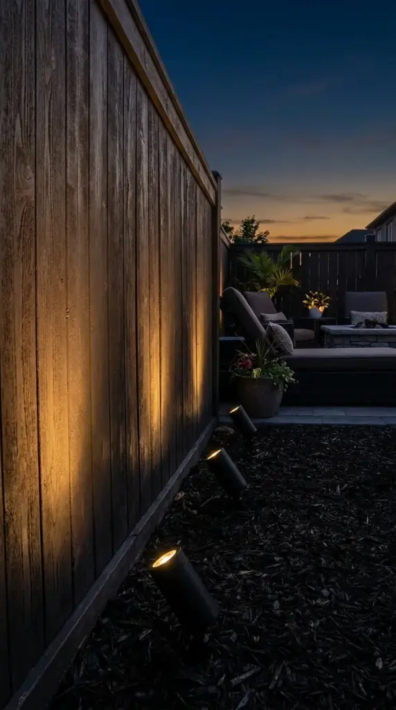 Low voltage landscape up lighting illuminating a textured wooden backyard fence at night.
