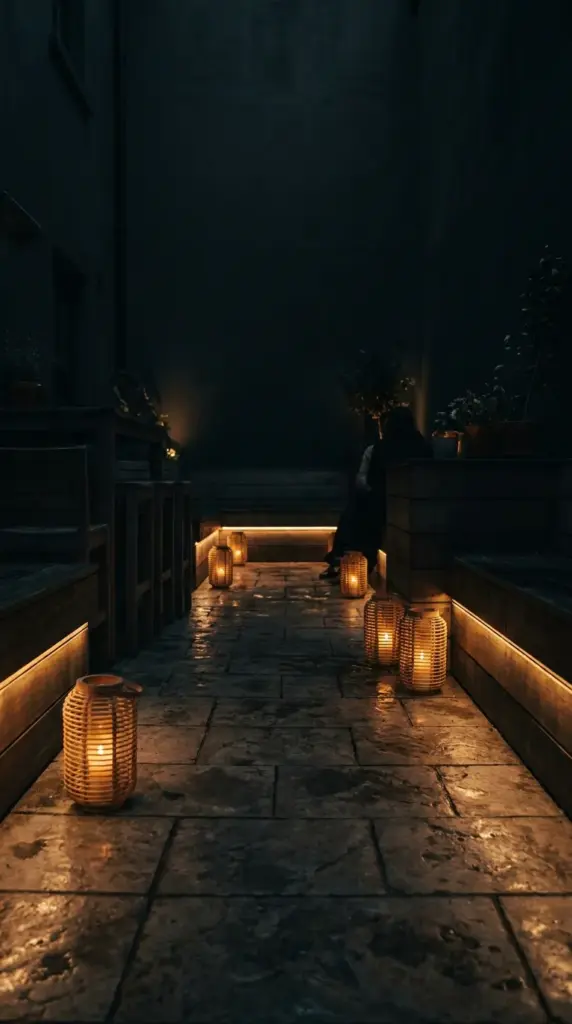 Warm perimeter lighting pushing the boundaries of a tiny outdoor space at night.