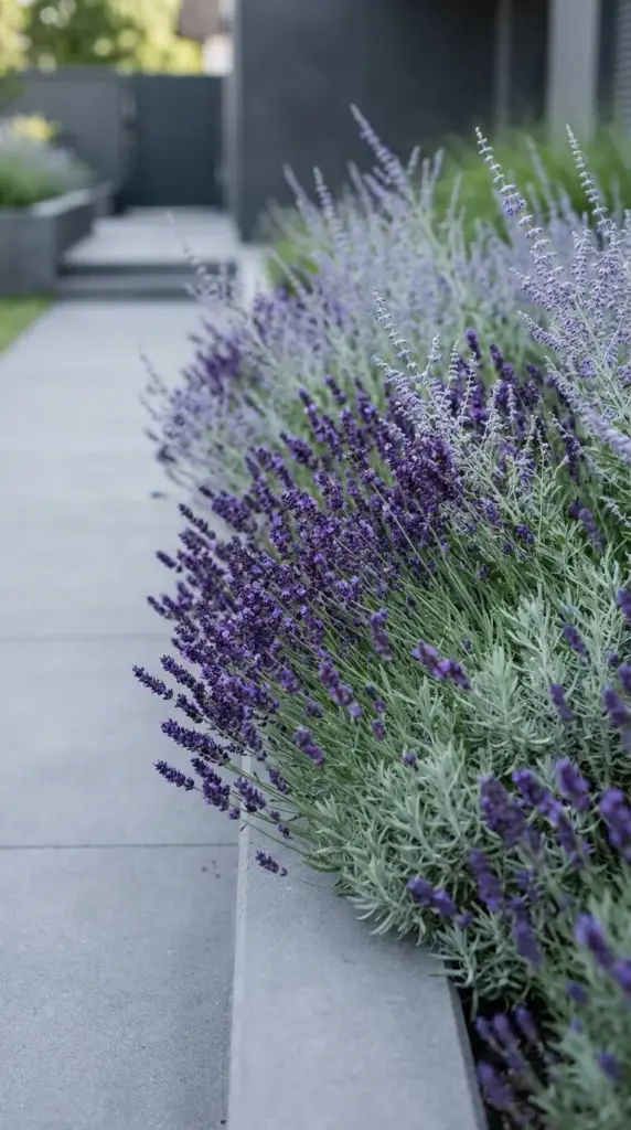 Mass planting of purple lavender and Russian sage in a front yard landscape.
