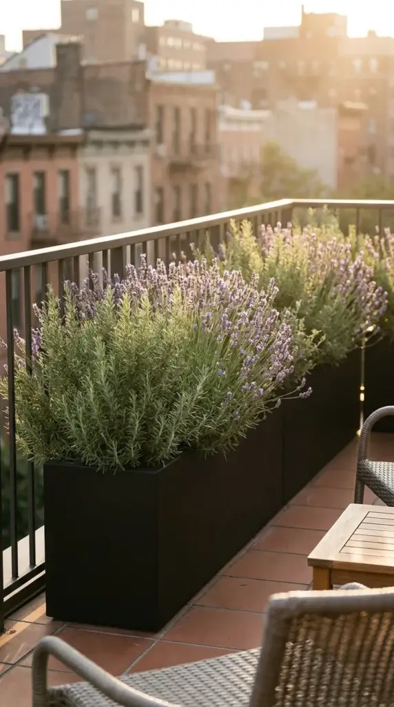 Tall lavender and rosemary plants in rectangular planters creating a natural privacy screen on a balcony.